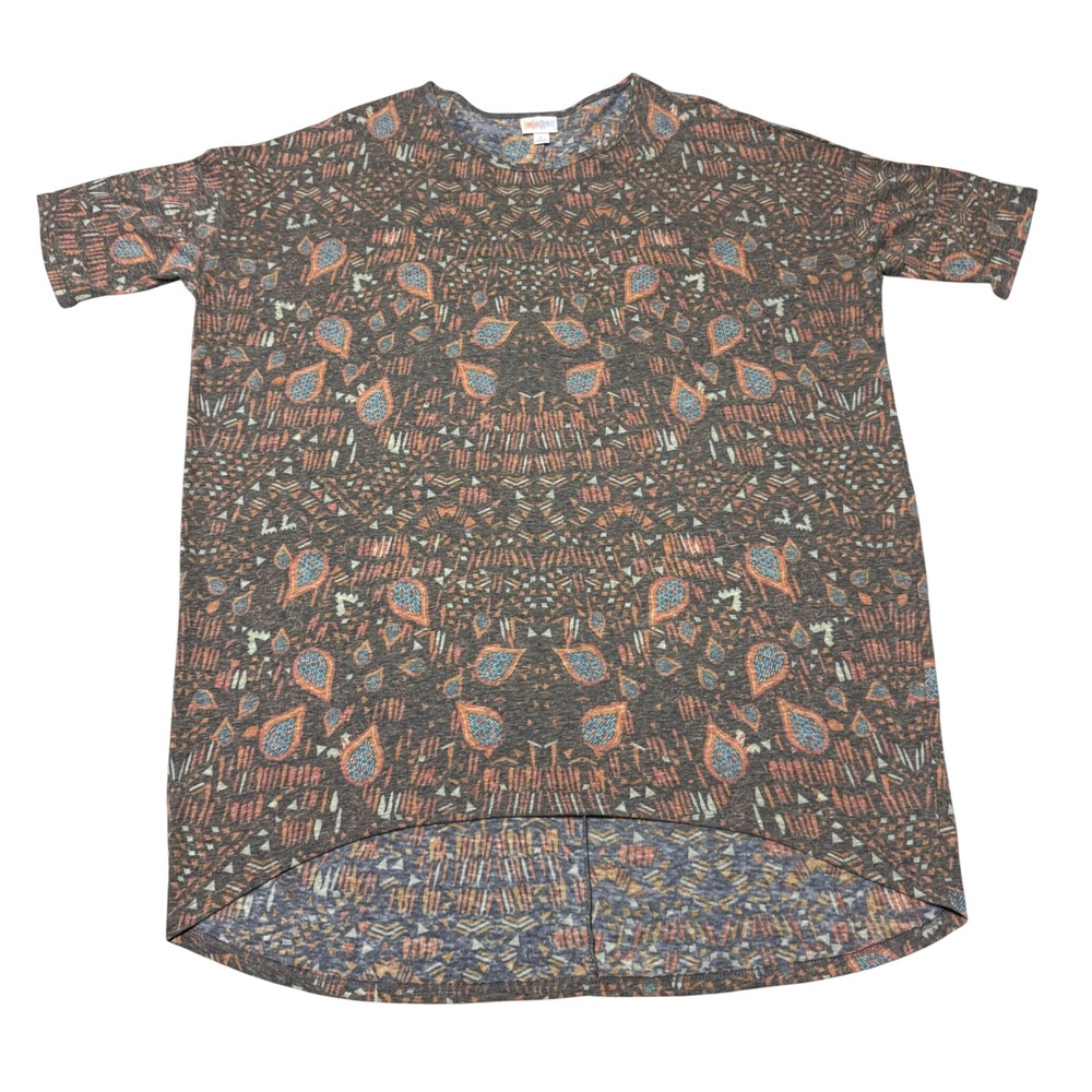 LuLaRoe Irma Tunic Top Large NWT Geometric Paisley High Low Short Sleeve Grey